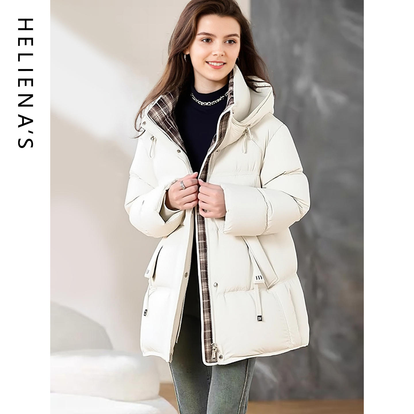 海兰丝通勤拼色连帽中长款羽绒服