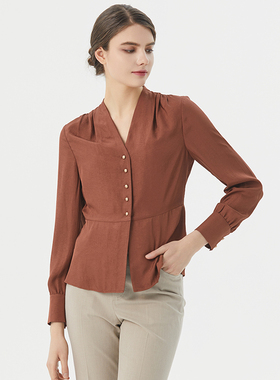 海兰丝复古法式荷叶边v领衬衫设计感通勤上衣衬衣23秋冬H233TS01