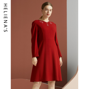 海兰丝2024秋冬新款商场同款中长款圆领羊毛修身新年红色连衣裙女