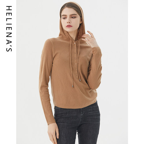 海兰丝驼色连帽针织套头衫