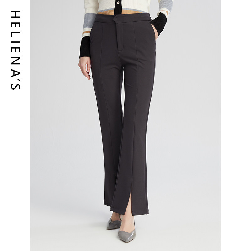 海兰丝休闲裤开衩微喇叭小黑裤女2024夏季薄款宽松显瘦直筒裤