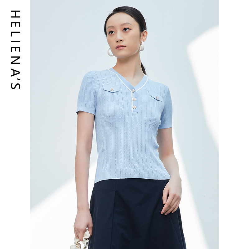 海兰丝时尚拼接POLO领时尚小衫