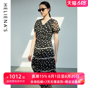 海兰丝浪漫印花裙雪纺收腰连衣裙2024夏新款中长款裙子设计感