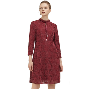 海兰丝2024秋冬新款商场同款气质长袖红色连衣裙女人味蕾丝A字裙