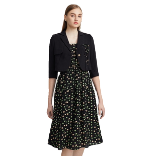 海兰丝法式优雅连衣新款商场同款修身黑色2件套连衣裙