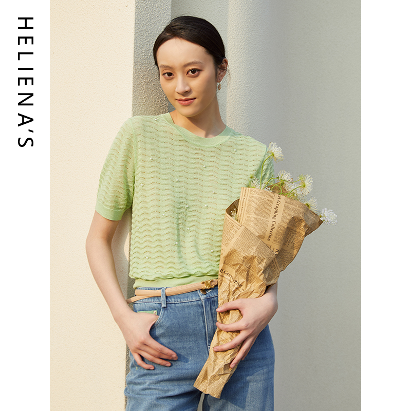 海兰丝针织修身镂空小衫