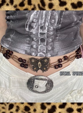 VIRAL SPREAD vintage感复古y2k编织闪蝴蝶腰带造型流苏绑带腰链