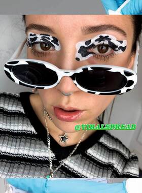 VIRAL SPREAD ins同款复古时髦奶牛纹椭圆框墨镜太阳镜土酷