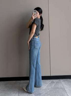 超模裤~莱卡四面弹微喇叭牛仔裤女2026春夏款高腰显瘦弹力长裤