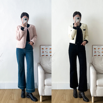 加绒~四面弹微喇叭牛仔裤九分