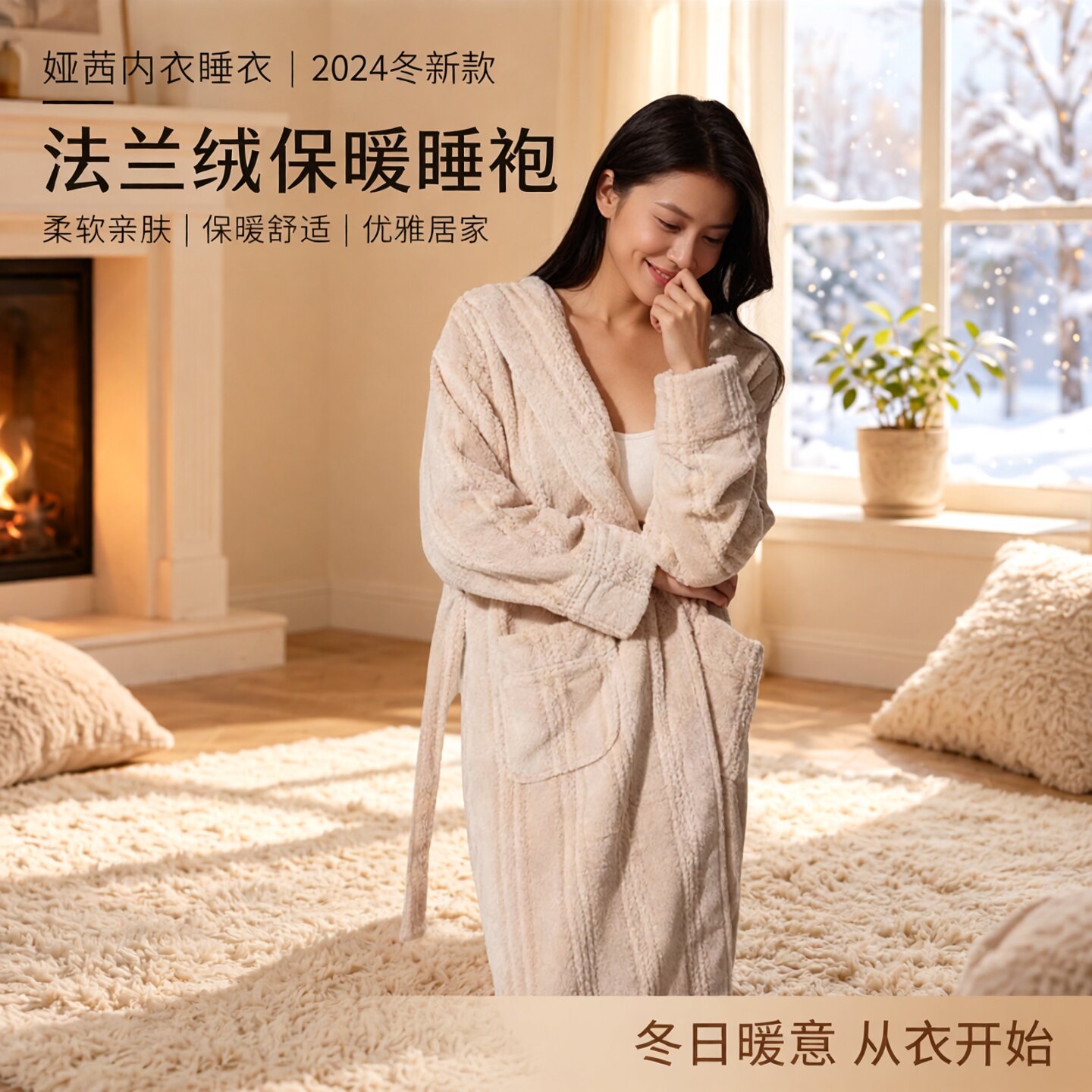 娅茜女连帽法兰绒保暖睡袍家居服