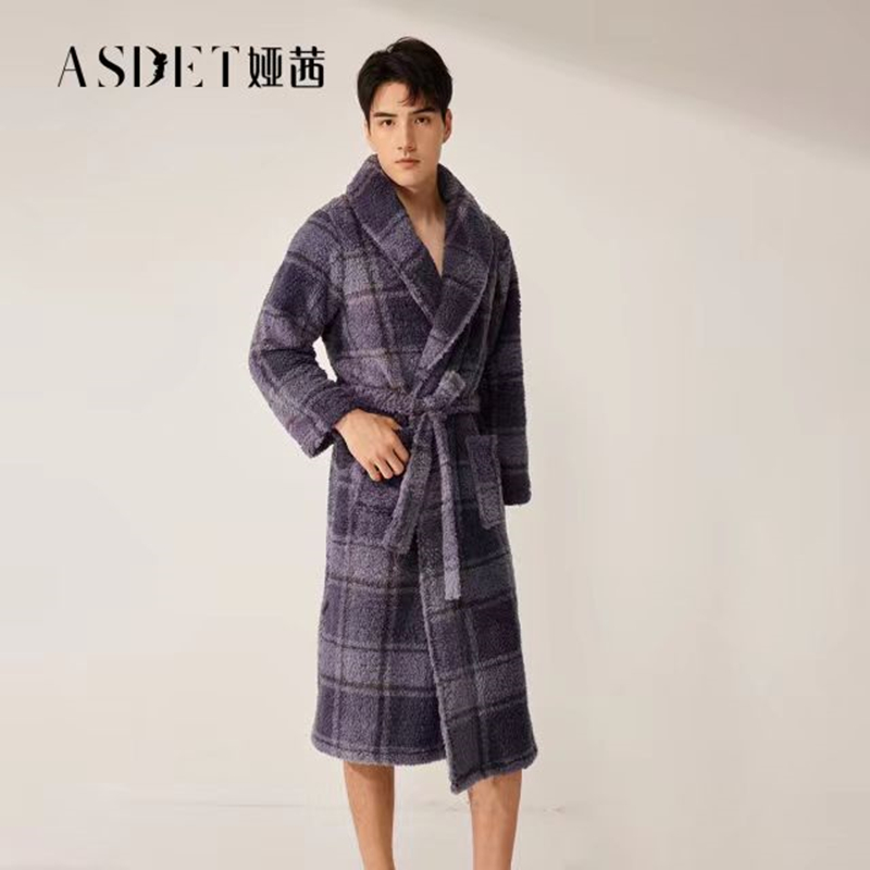 娅茜内衣情侣睡衣2024冬新款男士舒棉绒印花格子保暖睡袍H24G010