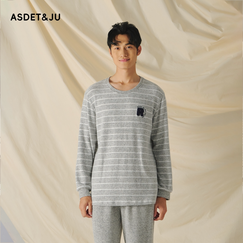 男磨毛圆领长袖长裤家居服睡衣套