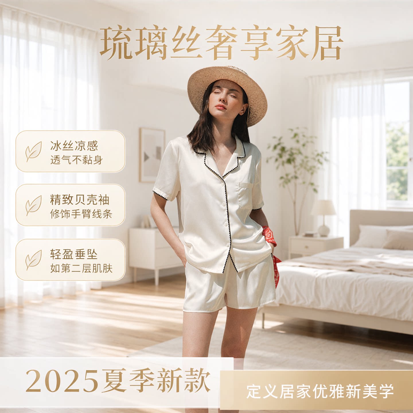 女琉璃丝翻领短袖短裤家居服套装