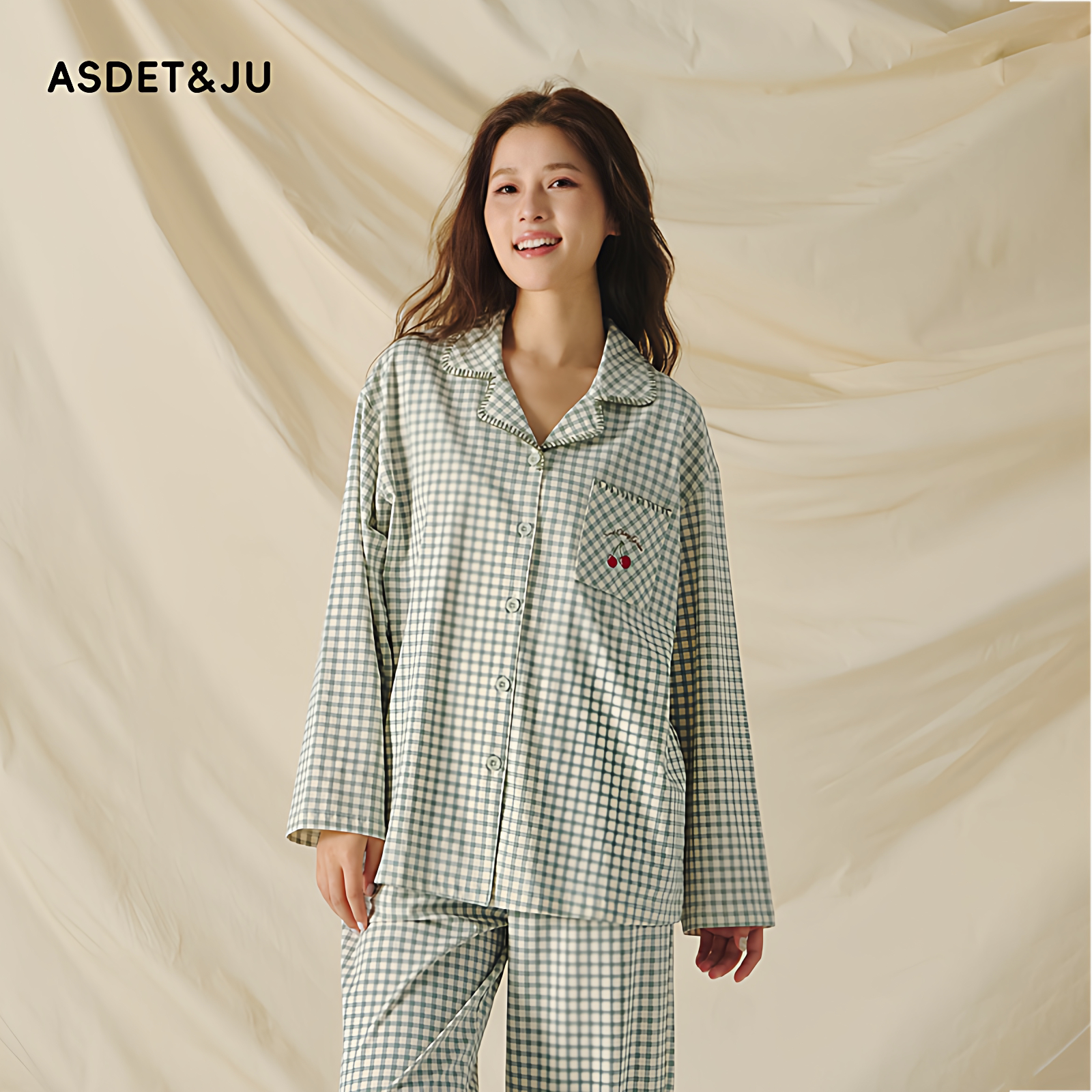 棉质女格子翻领长袖长裤家居服套
