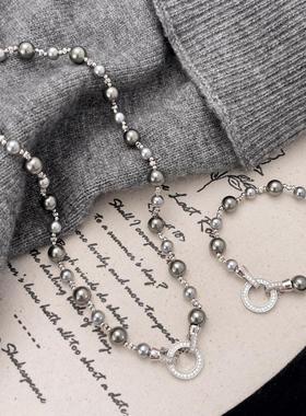 法式复古高品质灰色施家珍珠项链锆石O字扣小众毛衣链手链套装