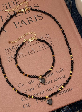 手作黑色珍珠串珠项链女爱心吊坠项链手链套装纯手工珍珠手链项链