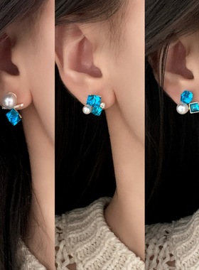时尚轻奢高级感深蓝色锆石优亮珍珠耳钉日常百搭小众简约个性耳饰