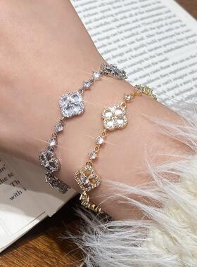 爆款闪耀锆石贝壳四叶花手链铜镀真金可调节小众高级感手链