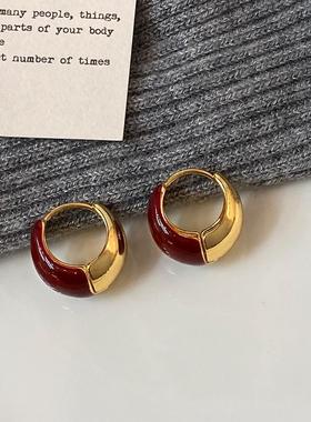 彩釉滴油安可拉红色系列撞色耳环铜镀真金简约U型高级感轻奢耳扣
