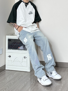 W04*P68 控88元~四季款百搭休闲直筒宽松牛仔裤贴布小众设计潮裤,男装牛仔裤,电商A007-3