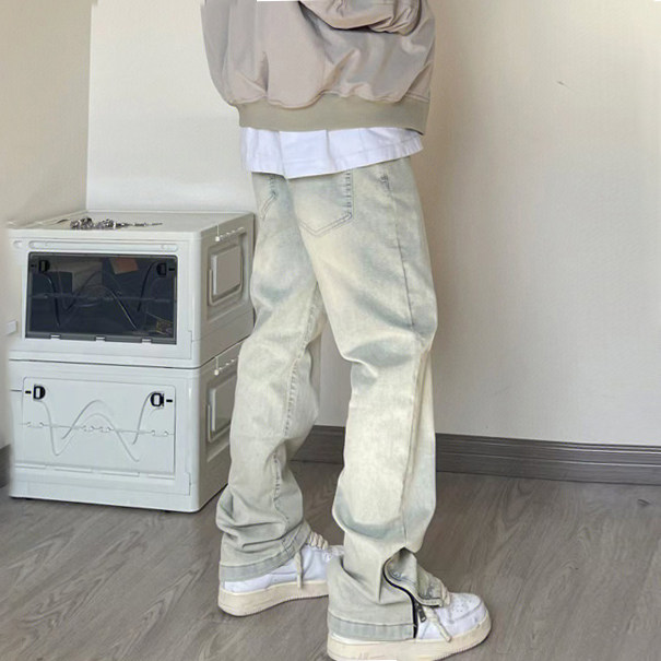 OK01*P58~控78~水洗做旧黄泥染牛仔裤男美式复古hiphop高街图片