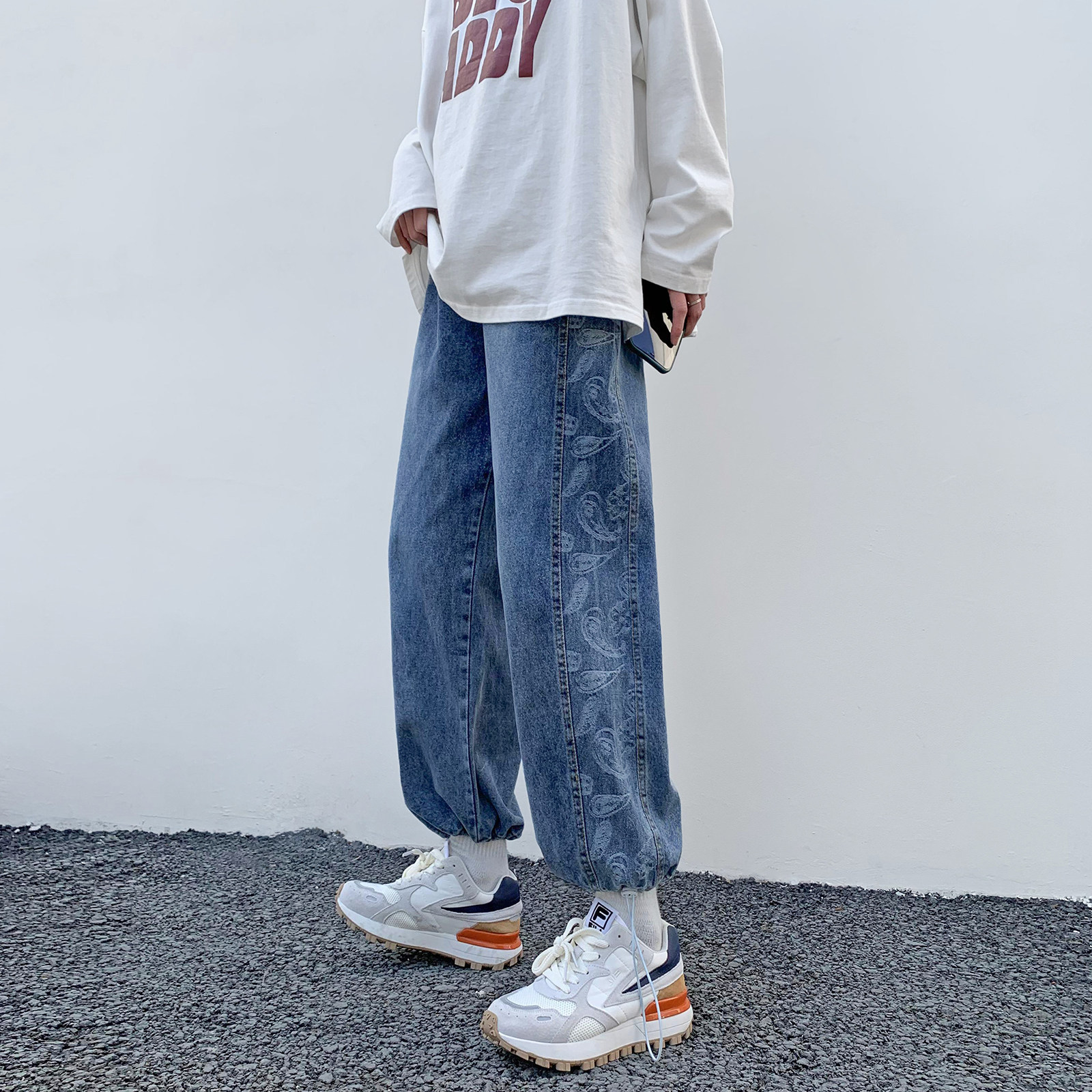 WH42*P50春夏主推男士直筒宽松抽绳腰花果拼接牛仔裤男潮,男装牛仔裤,电商A007-3