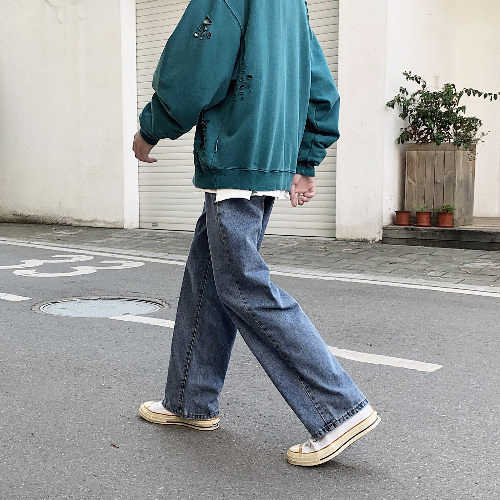 WH37*P50【现货】春季港风新品男士直筒宽松拖地阔腿牛仔裤,男装牛仔裤,电商A007-3