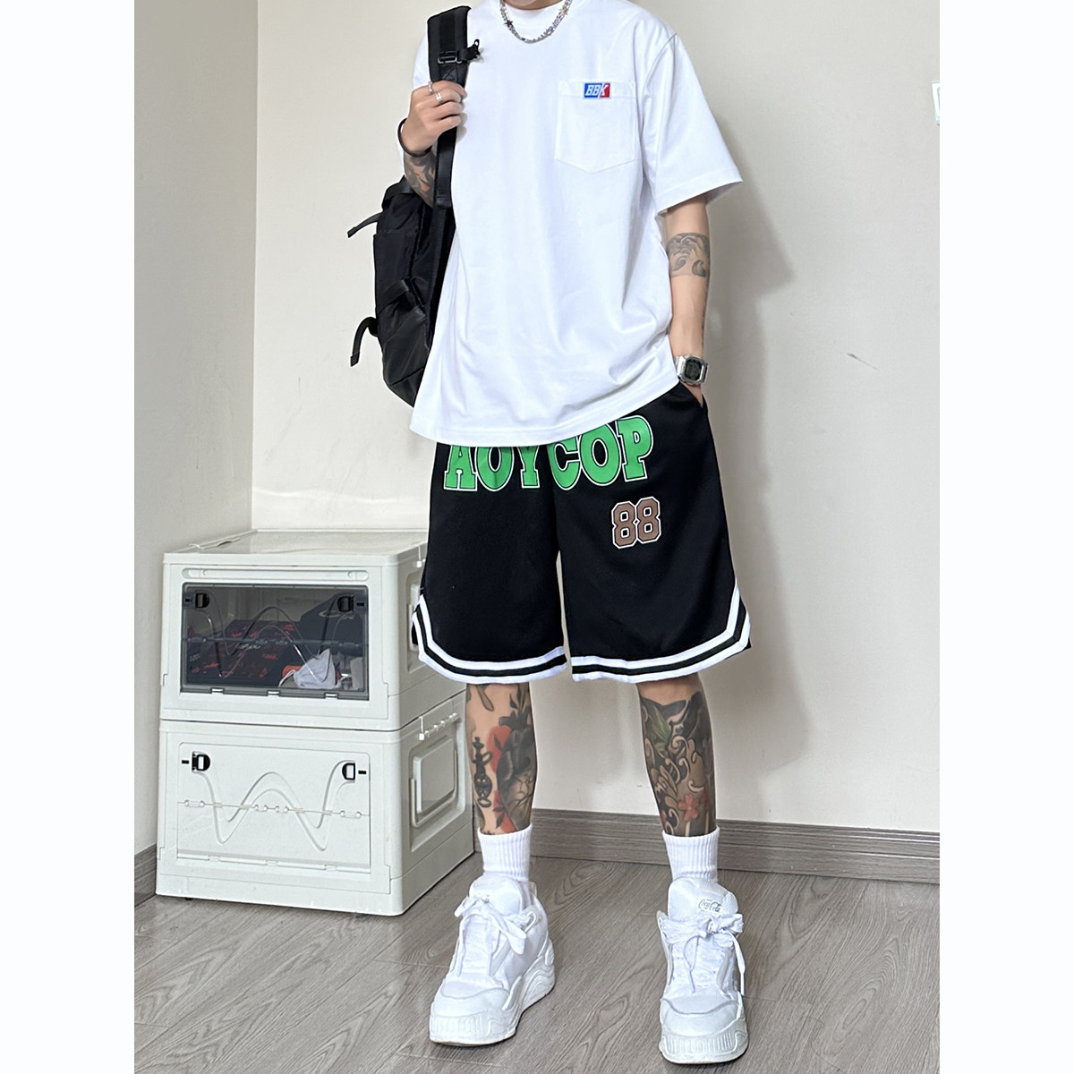 AK34*P48夏新品高街美式复古直筒宽松五分短裤篮球沙滩裤潮男，男装休闲裤，电商A007-3