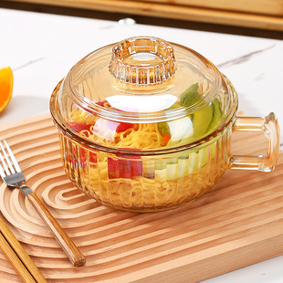 泡面玻璃碗带把手防烫家用微波炉ins高颜值带盖大容量透明喝汤碗