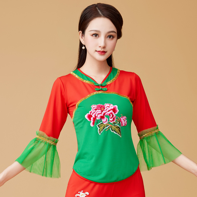 2024新款广场演出服中国扇子舞秧歌鼓舞舞蹈中老年古典舞表演套装