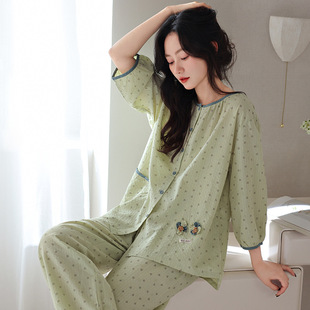 套装 梭织棉纱布睡衣女春夏季 九分裤 纯棉薄款 夏天全棉家居服 七分袖