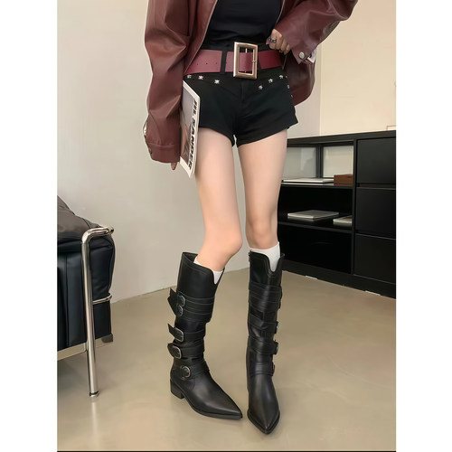 羊皮版复古皮带扣长筒骑士靴女