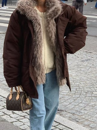 tempting韩国东大门2025冬季宽松休闲可拆卸毛领羽绒服派克服外套