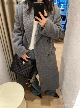 现tempting韩国东大门2025冬季宽松休闲双排扣长款羊驼毛大衣外套