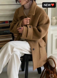 现货韩国东大门ssemienne大口袋翻领短款羊驼毛大衣女