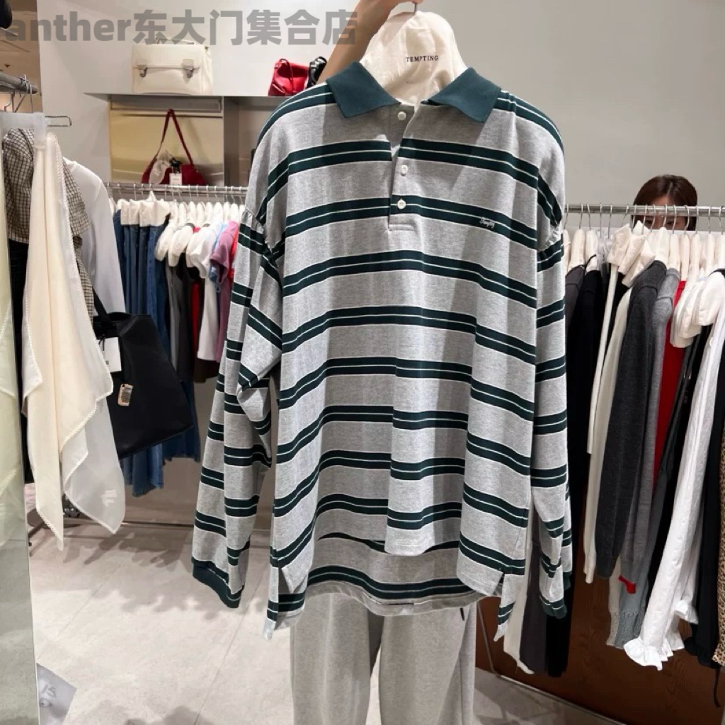 现货tempting现2025秋季新款时尚百搭宽松休闲条纹长袖T恤