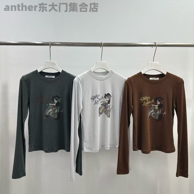 现visual space韩国东大门2025秋季新款可爱卡通印花修身长袖T恤