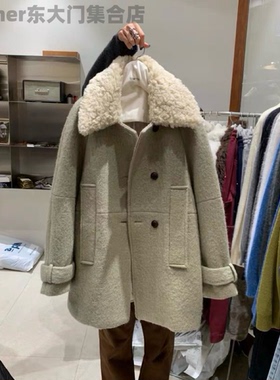 现货tempting韩国东大门2025冬季百搭宽松休闲圆领羊驼毛大衣外套