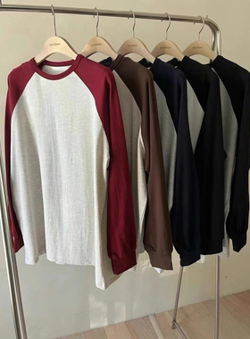 现货self service韩国东大门2024秋撞色插肩袖圆领长袖T恤