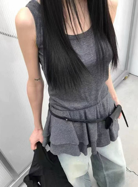 现韩国东大门2025春pado 英兰同款荷叶边吊带时尚百搭纯色连衣裙