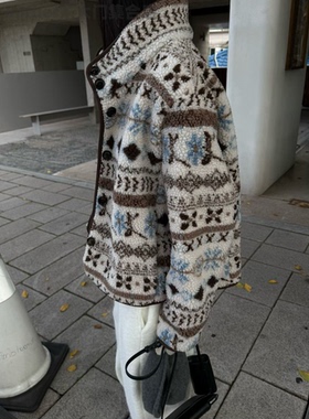 atmosphere韩国东大门2025秋冬时尚百搭宽松费尔岛印花毛毛外套