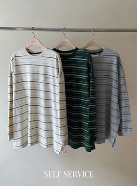 现韩国东大门 2025春夏 self service 条纹宽松休闲长袖T恤