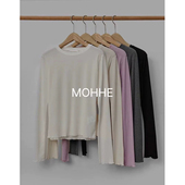 现货韩国东大门mohhe 2025春夏简约圆领木耳花边长袖 T恤