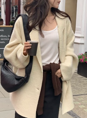 vergamot现货韩国2025秋季新款时尚百搭宽松休闲羊驼毛呢外套