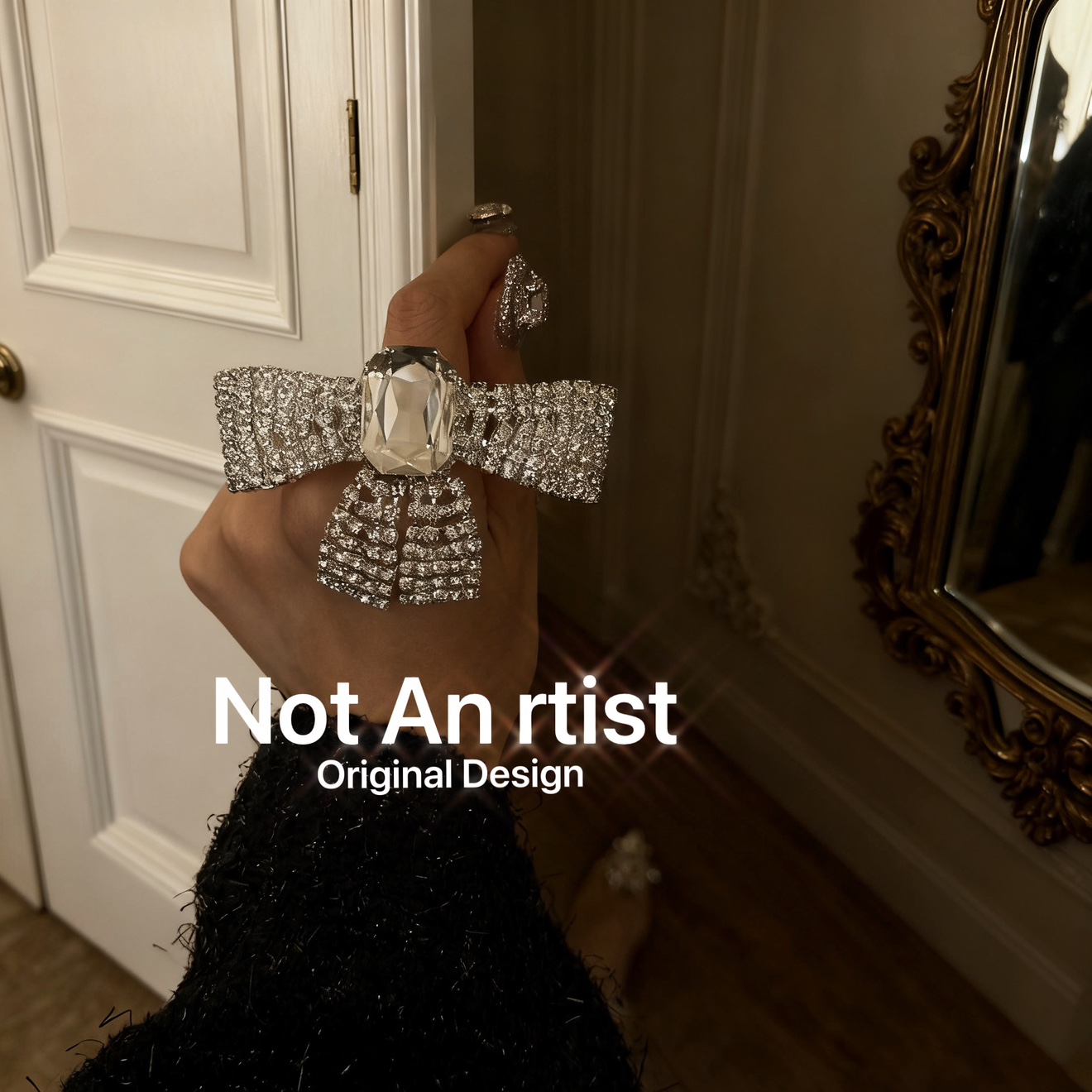 欧美复古轻奢宴会满钻方形大宝石法式时尚名媛气质立体蝴蝶结戒指