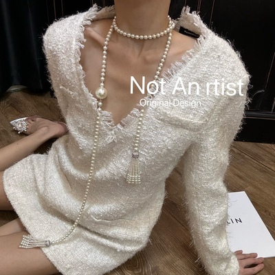 vintage复刻仿真珍珠水晶玻璃珠流苏长链设计感小众项链毛衣链