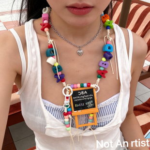 韩系ins小众设计项链 配饰长项链 彩色字母积木串珠小黑板甜妹个性