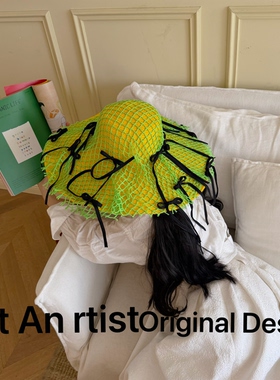 荧光绿渔网大檐草帽女 黑色蝴蝶结 夏季防晒度假拍照遮阳帽
