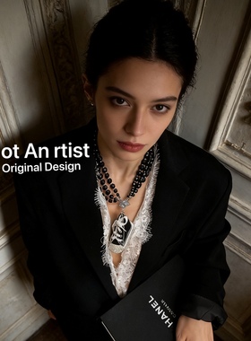 原创帆布鞋哥特风黑色串珠项链多层叠戴毛衣链高级感小众锁骨链